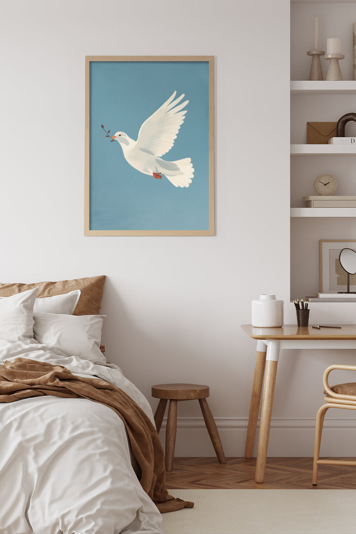 Minimalist white dove poster with olive branch on blue sky background, framed on bedroom wall