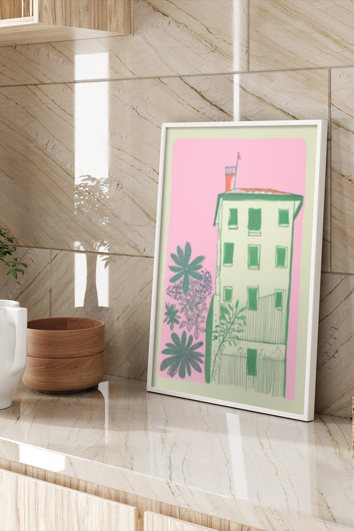 Modern art poster with a green building illustration on a pink background
