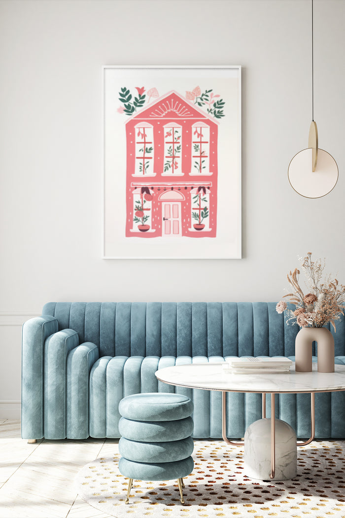 Stylized pink house with botanical elements decorative poster in modern living room