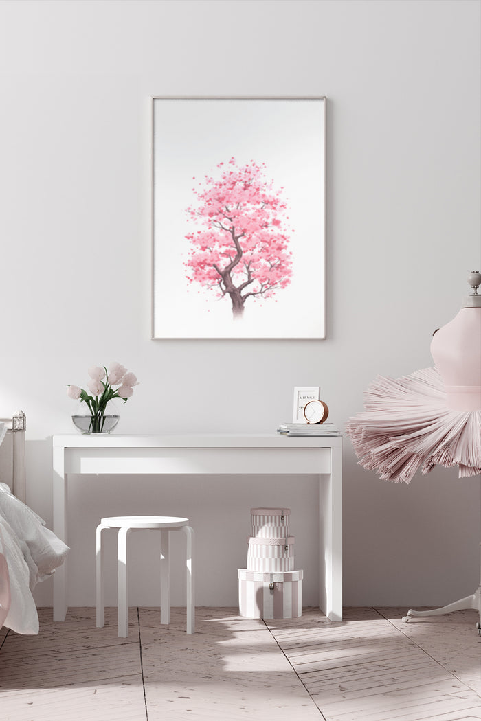 Elegant interior room with a framed pink cherry blossom tree artwork on the wall