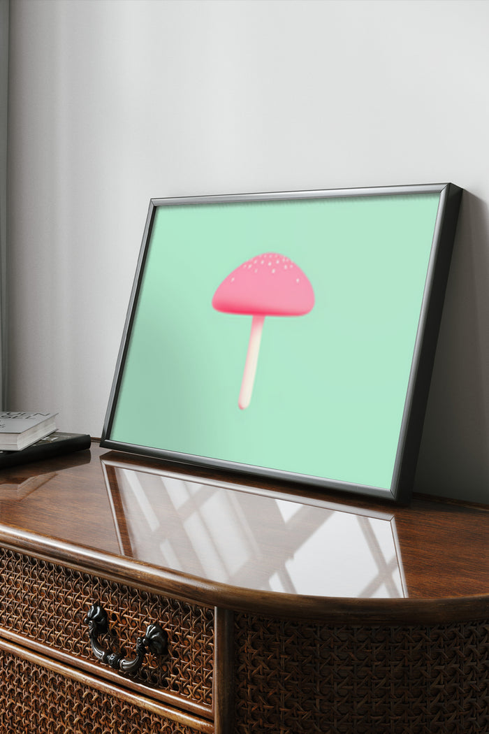 Stylish Pink Mushroom Artwork in a Frame Positioned on a Wooden Cabinet in a Modern Interior Design Setup