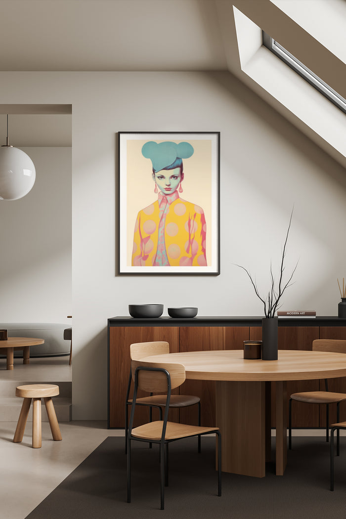 Colorful pop art style female portrait poster framed on a wall in a contemporary dining room interior