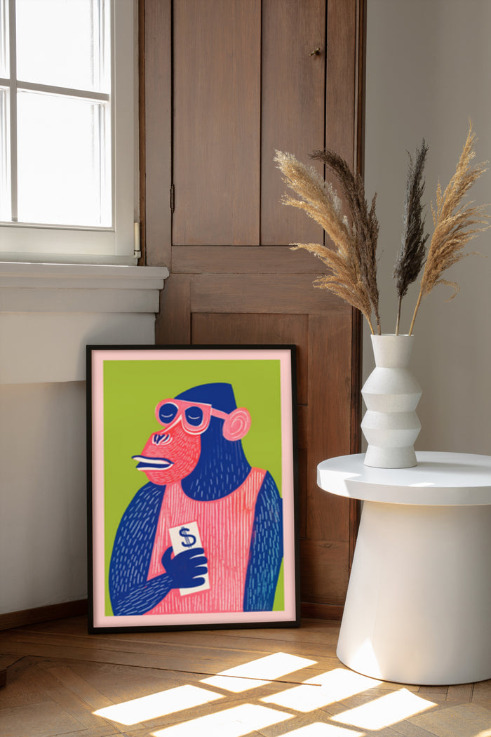 Colorful pop art style poster of a monkey wearing sunglasses and using a smartphone displayed in a modern room