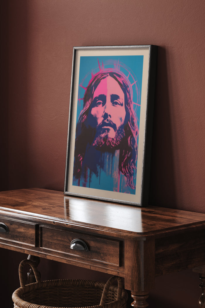 Framed pop art inspired poster of a spiritual figure displayed on wooden console table