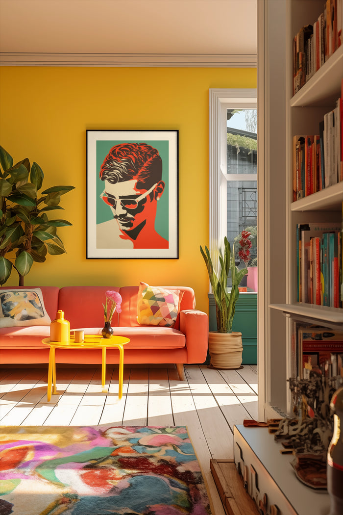 Stylish interior with colorful pop art portrait poster on yellow wall above orange sofa