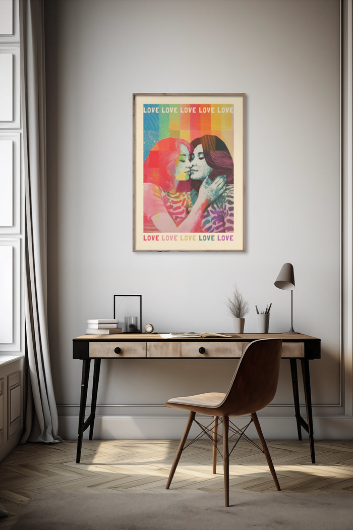Colorful pop art style love poster featuring two people with rainbow pattern and LOVE text