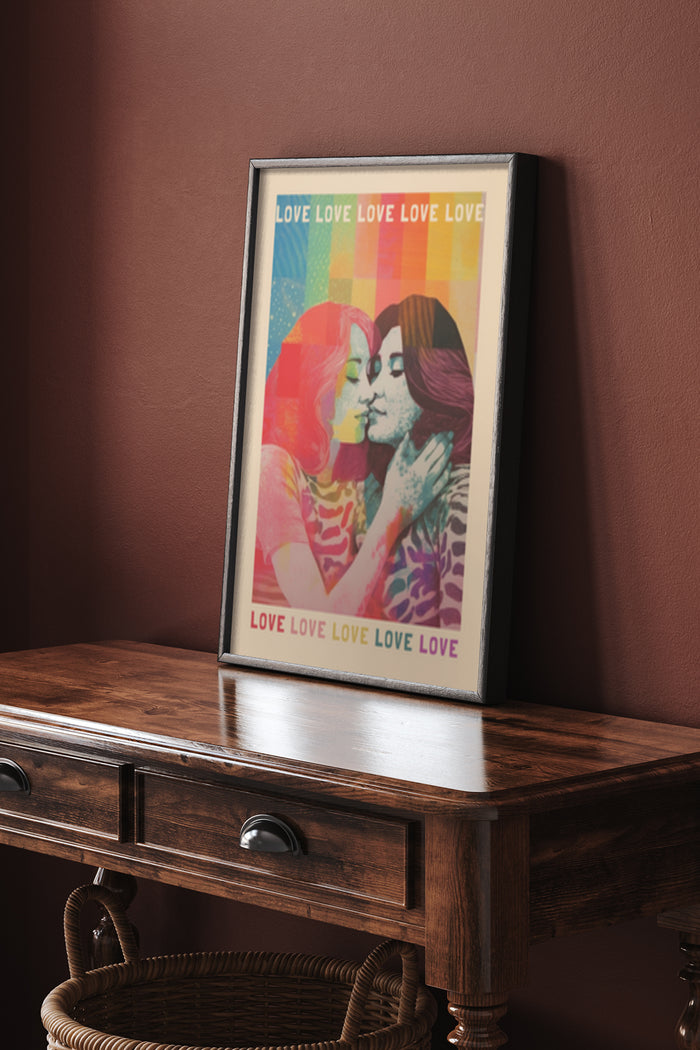 Colorful Pop Art Style Love Poster with Words Framed in Room