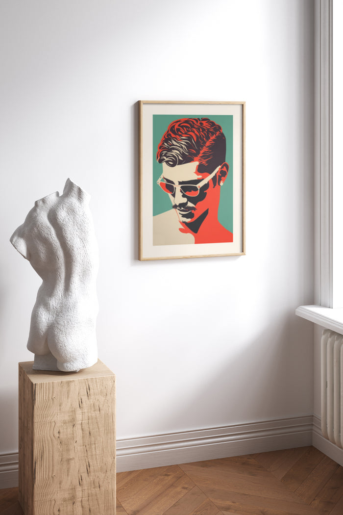 Pop art style male portrait poster framed on wall above sculpture in contemporary room setting