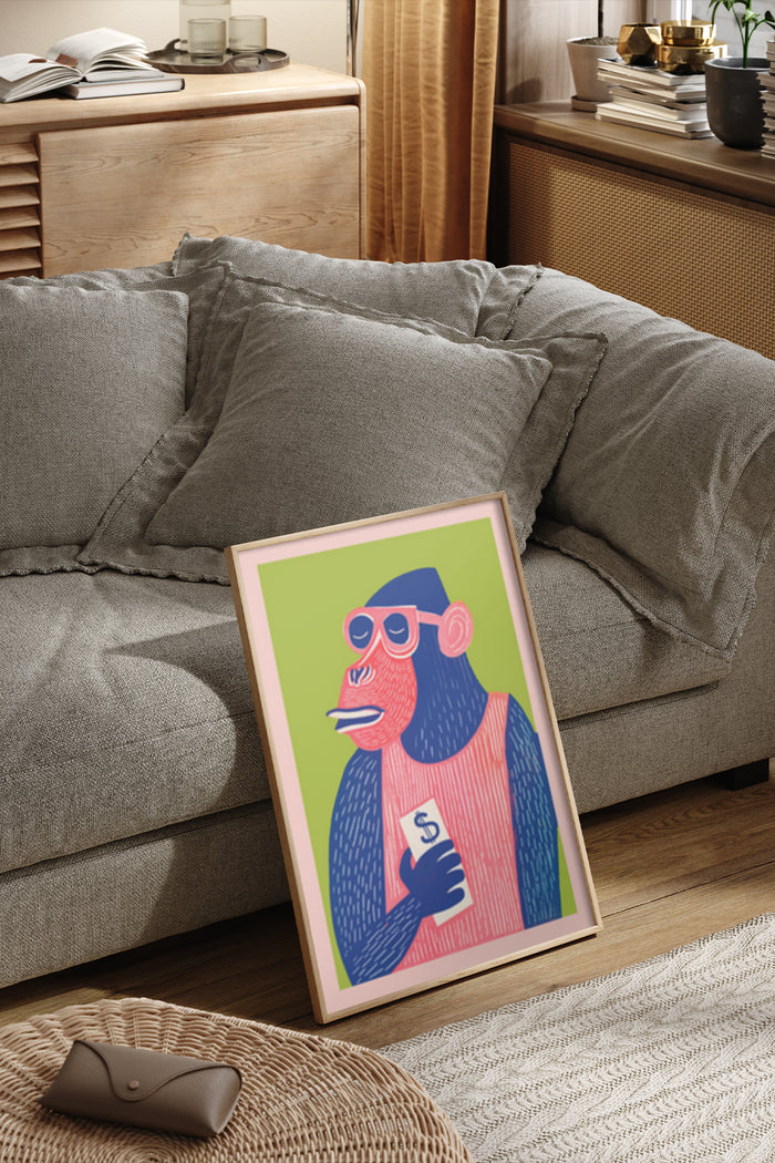 Pop art style illustration of a monkey with glasses holding a beverage can framed poster in a cozy living room setting