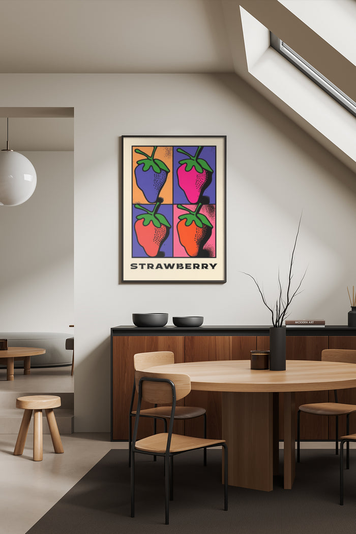 Colorful pop art style strawberry poster displayed in a contemporary dining room setting