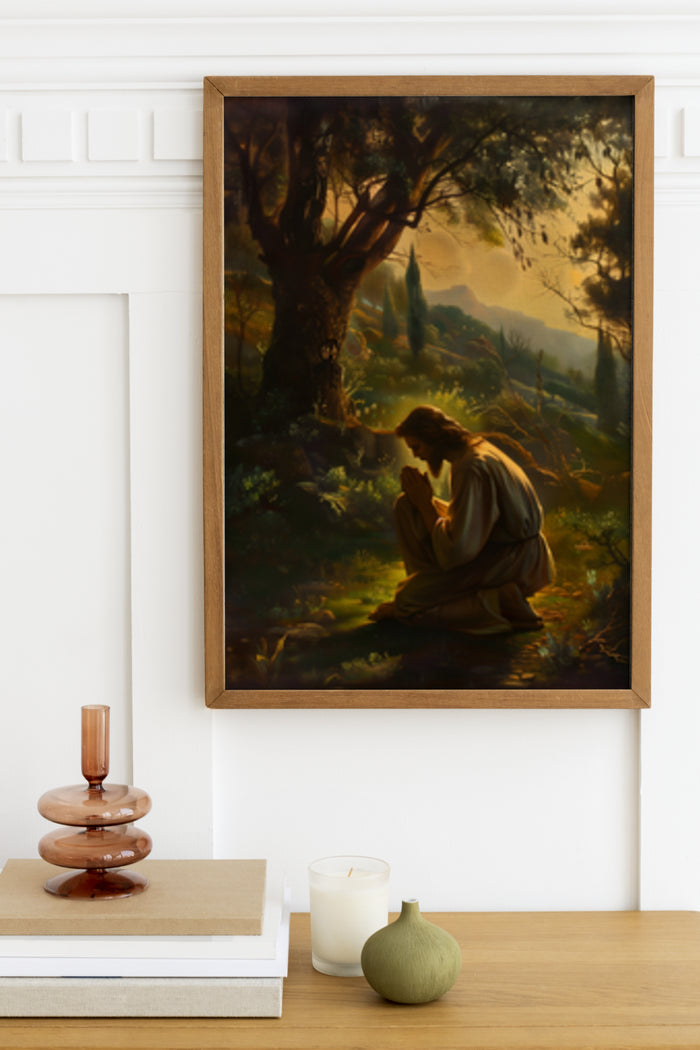 Religious art depicting a praying figure in a serene forest landscape