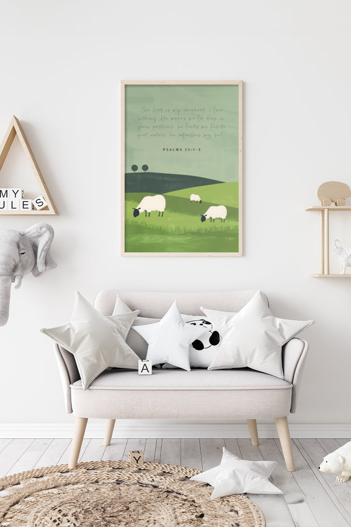 Inspirational Psalm 23:1-3 poster with sheep on a field, perfect for modern home decor