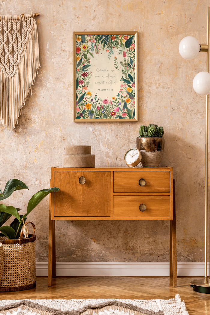 Inspirational Psalm 51:10 poster with floral design hanging above wooden sideboard in a bohemian style room