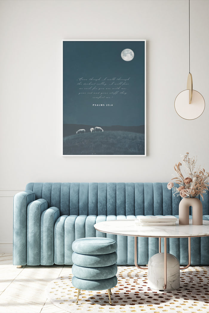 Inspirational Psalms 23:4 poster with sheep under moonlight in a stylish living room