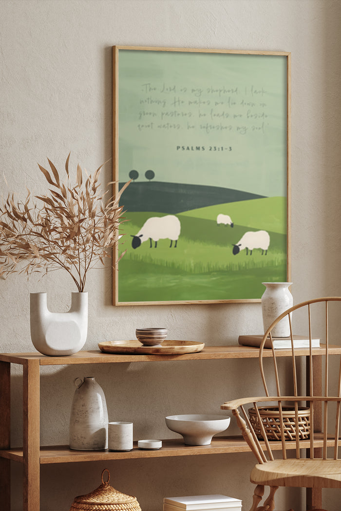 Inspirational Psalms 23 Bible Verse Poster with Sheep and Green Pasture Illustration