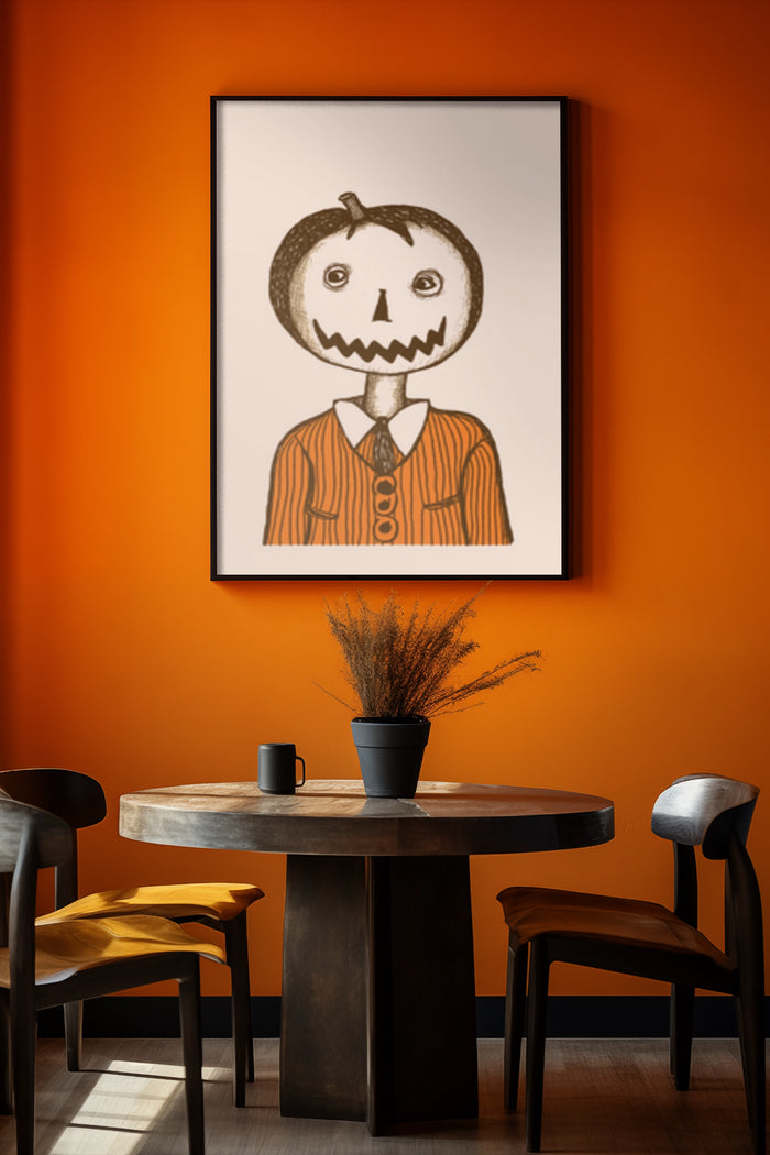 Pumpkin head character illustration poster displayed on wall in contemporary dining room with orange decor