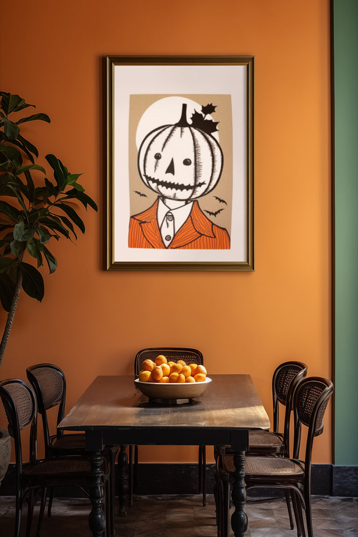 Halloween themed pumpkin head person artwork in a modern dining room environment