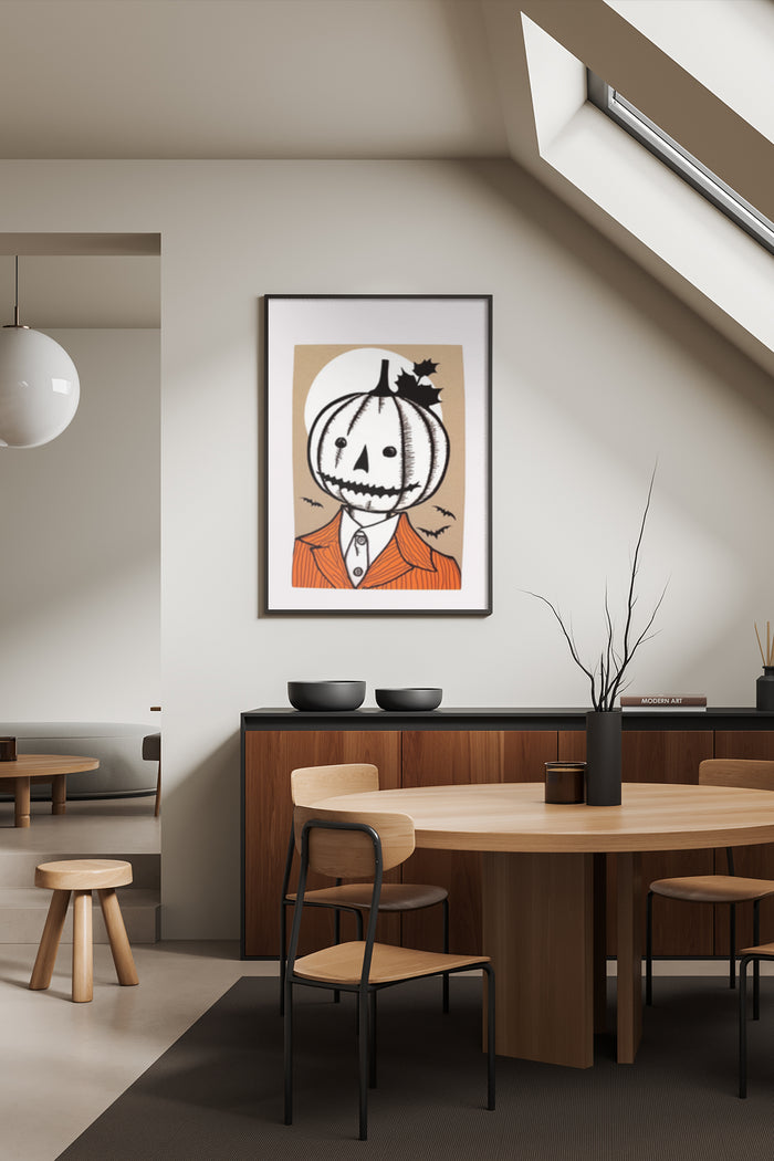 Vintage-inspired pumpkin head character poster displayed in a contemporary dining room setting