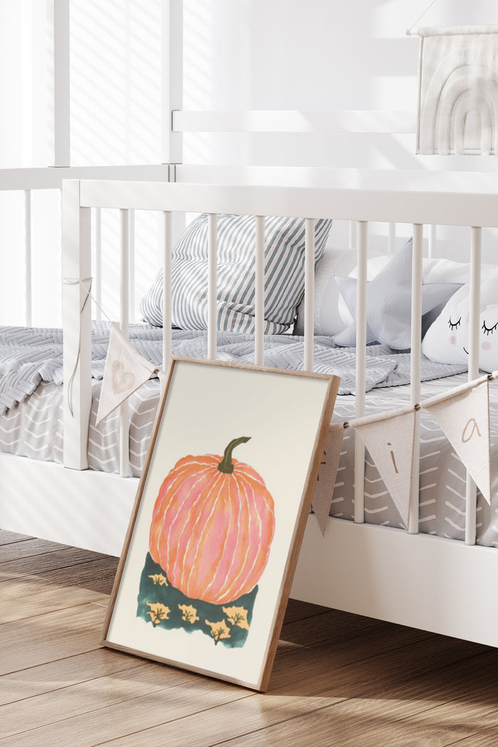 Pumpkin illustration poster leaning against a crib in a stylish nursery room setting