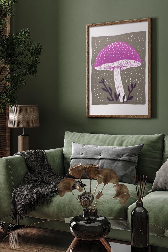 Stylish purple mushroom illustration poster in a cozy home interior setup with green couch