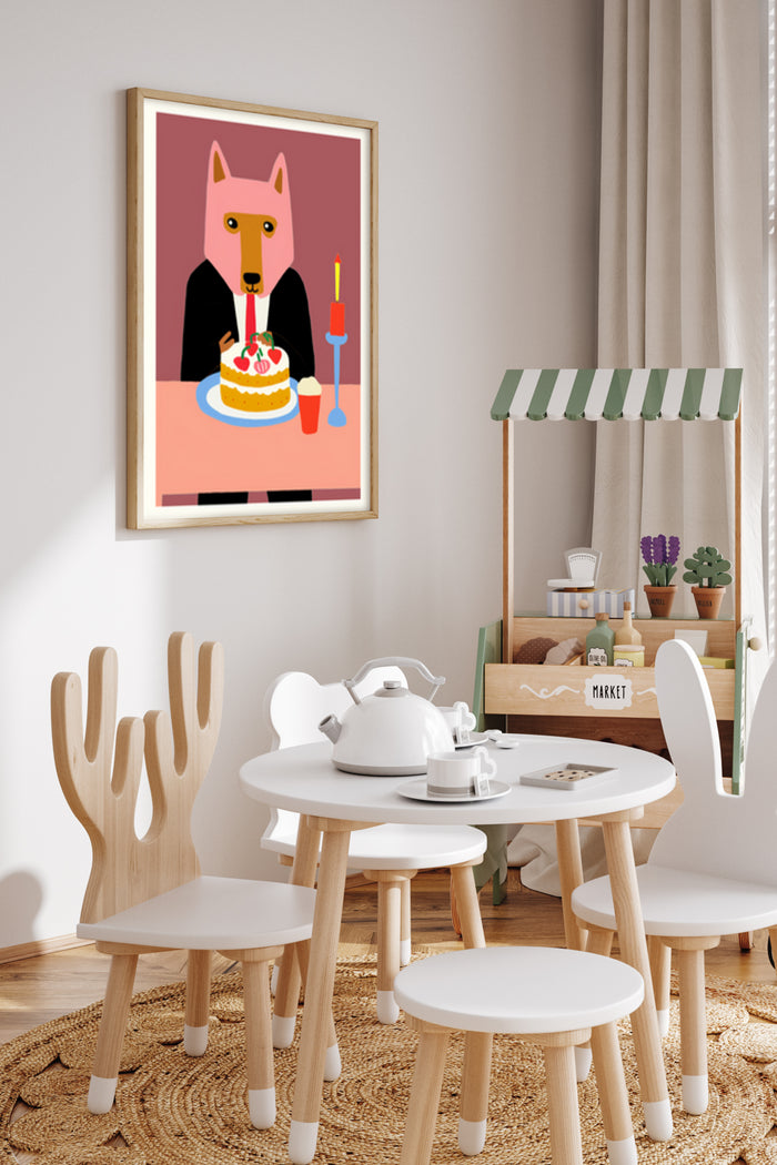 Cartoon dog in suit with birthday cake and candle framed poster in stylish modern children's room