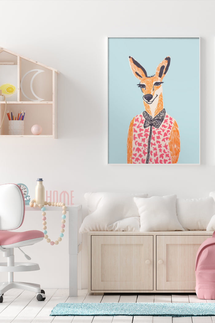 Whimsical Giraffe Artwork with Pink Heart Sweater and Bow Tie Poster in Modern Home Decor
