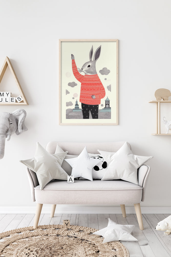 Illustration of a rabbit wearing a red sweater in a children's room setting