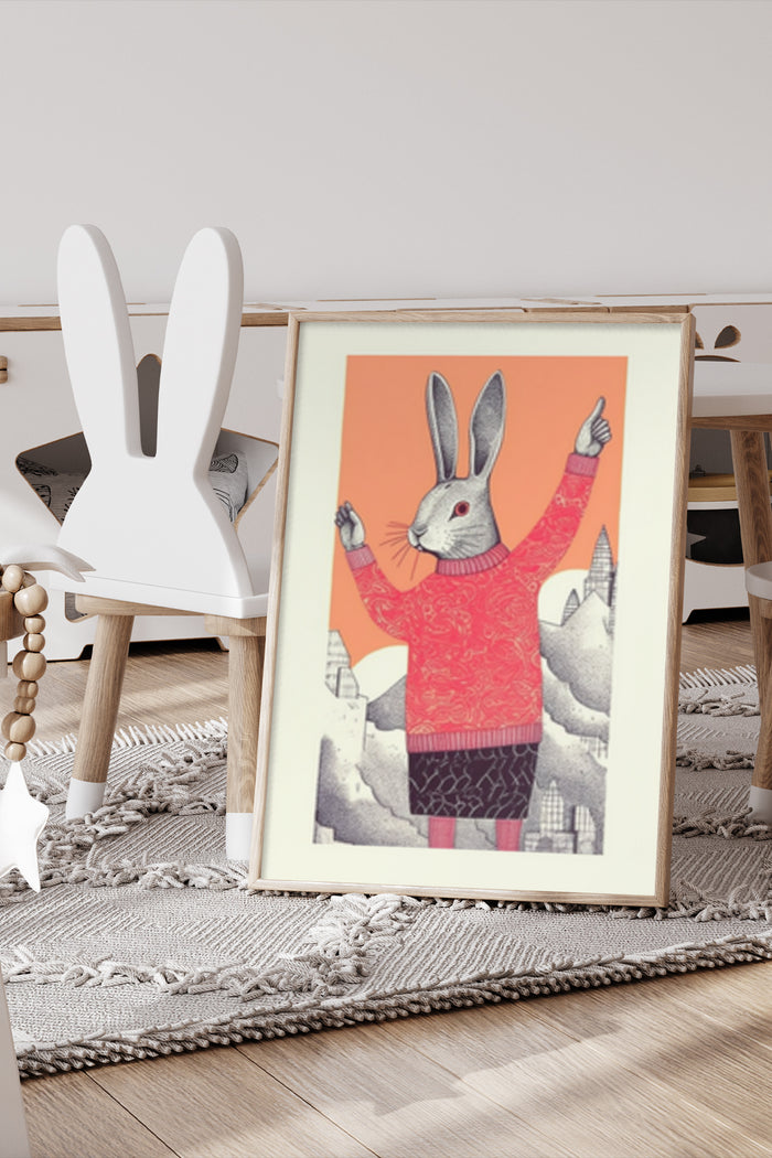 Cartoon rabbit wearing a patterned sweater raising thumbs up in a framed poster