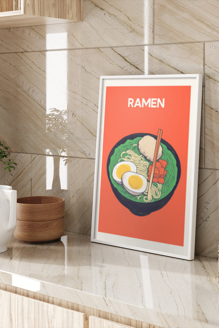 Ramen noodle bowl poster art in a modern kitchen setting