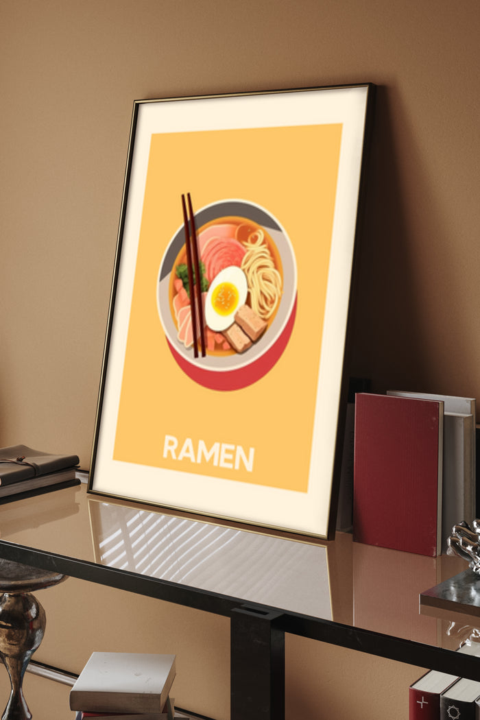 Stylish ramen poster featuring an illustrated bowl of noodles with egg and chopsticks in a contemporary interior