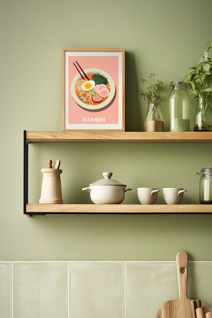 Colorful framed poster of a Ramen bowl kitchen artwork on a shelf with utensils and plants