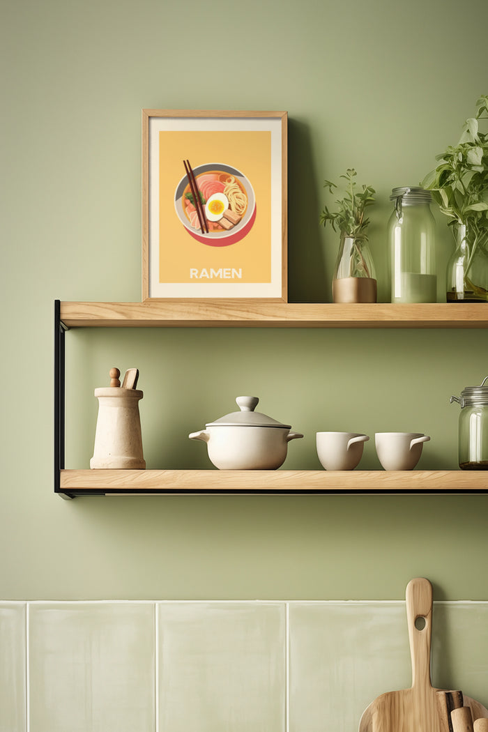 Stylish framed ramen poster displayed on wooden kitchen shelf with ceramic cookware and fresh herbs