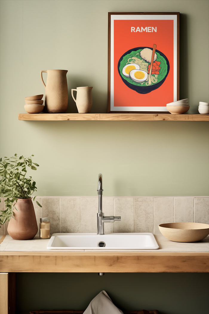 Colorful Ramen Advertisement Poster above Kitchen Sink