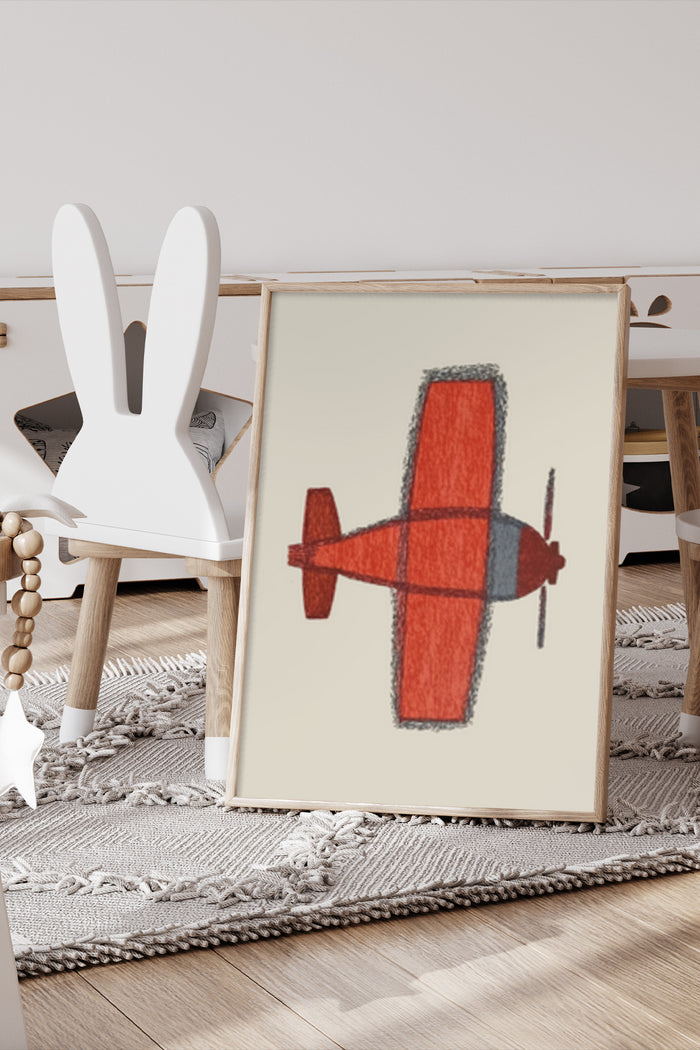 Red Abstract Airplane Art Framed Poster in Modern Home Decor Setting