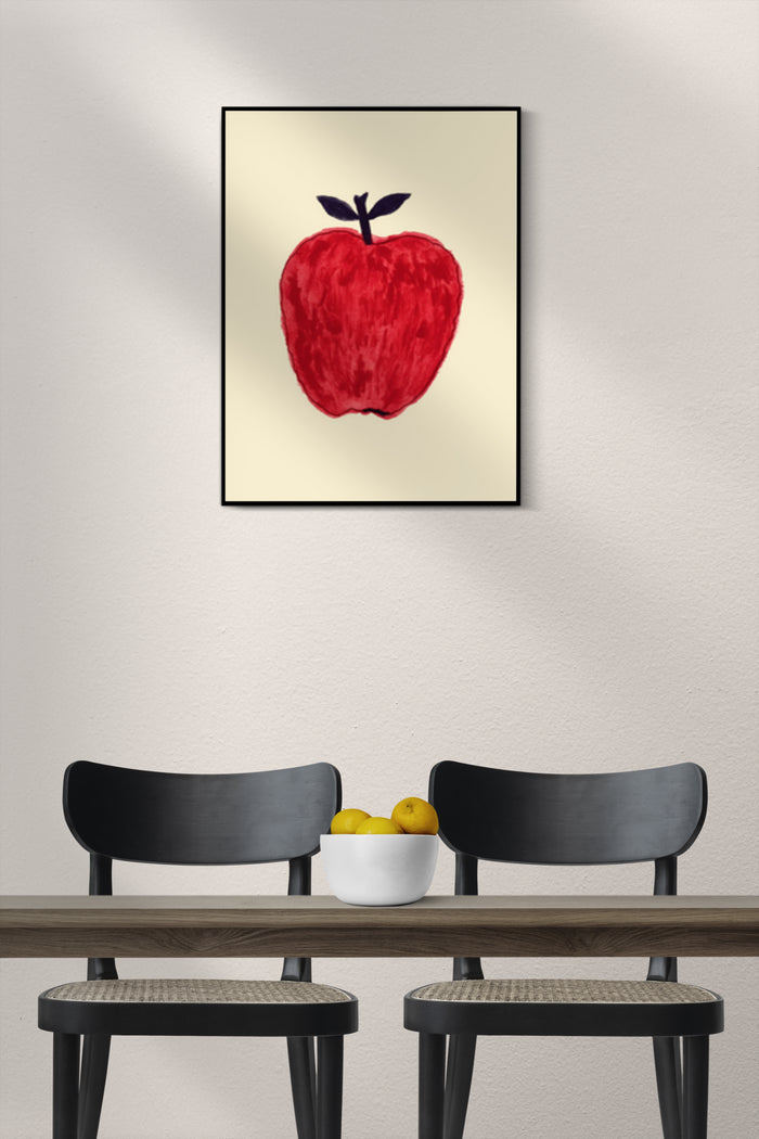 Contemporary red apple painting poster displayed in an interior setting