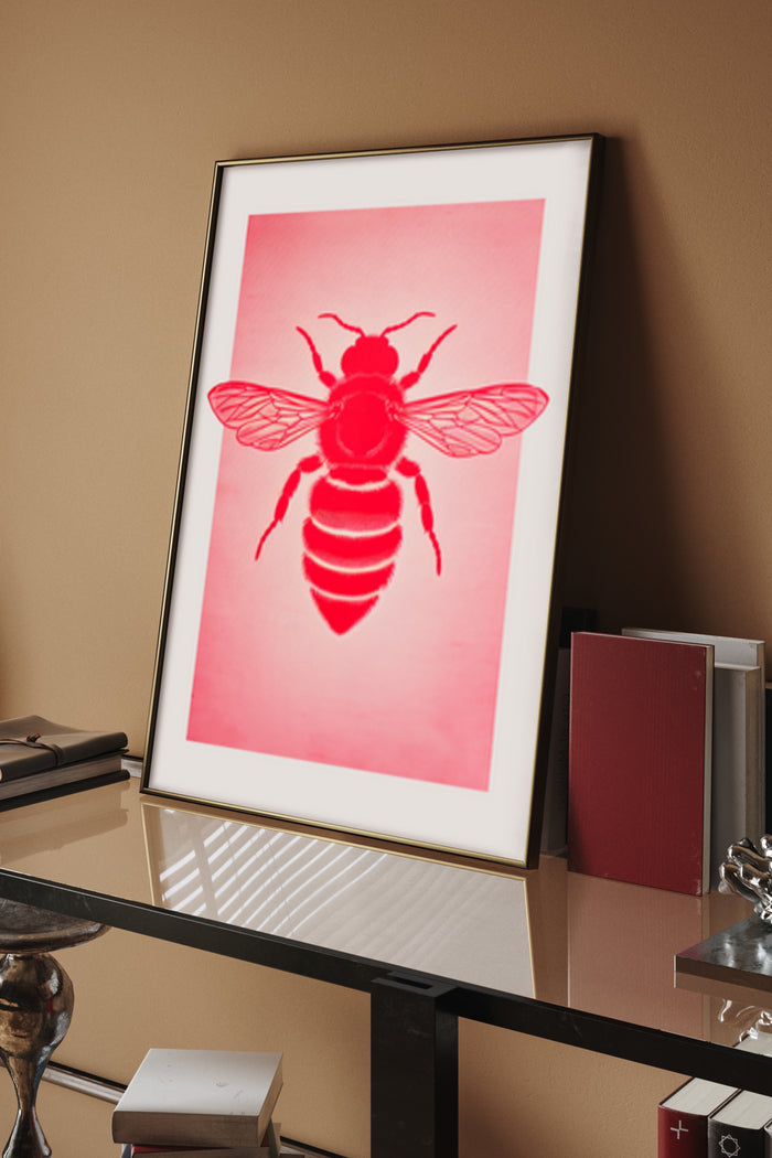 Stylish red bee poster framed on home office wall