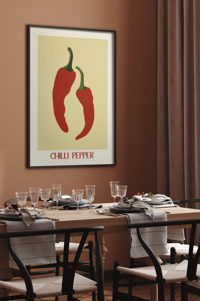 Red Chilli Pepper Art Poster in Elegant Dining Room Setting