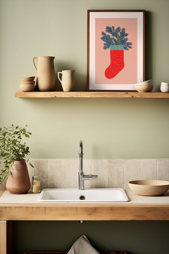 Contemporary kitchen with red Christmas stocking poster artwork above sink