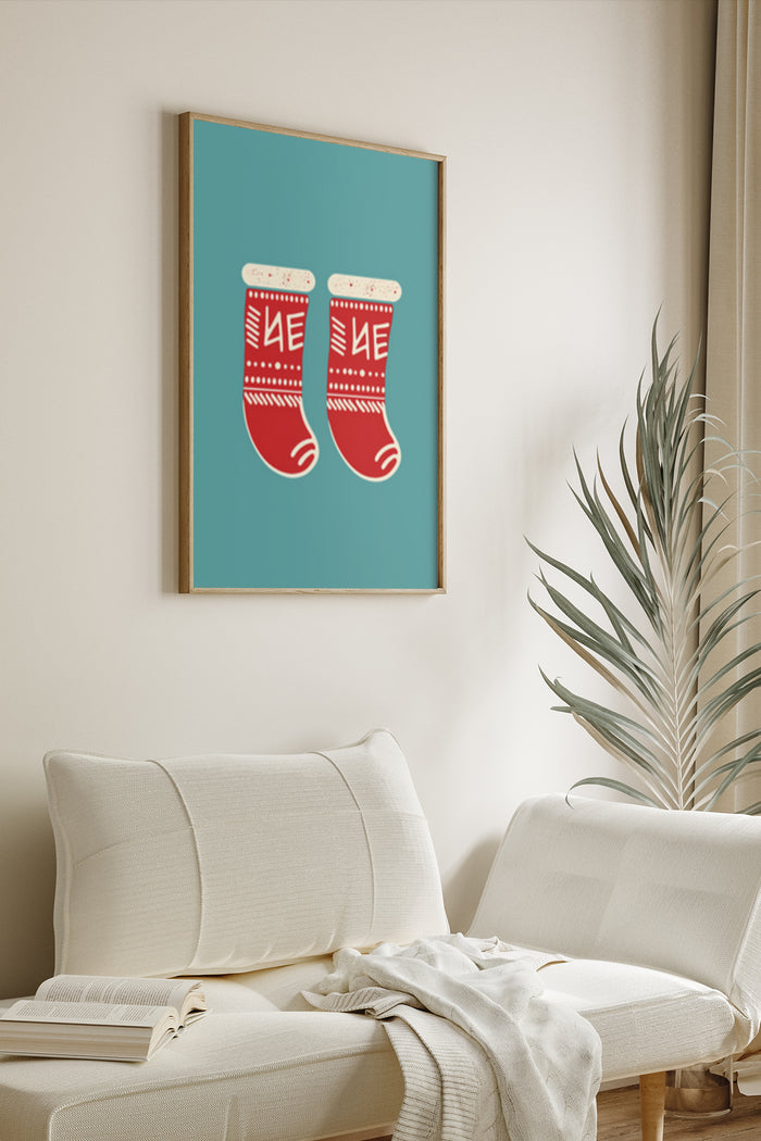 Red and white Christmas stockings artwork poster on wall above couch in a modern living room interior