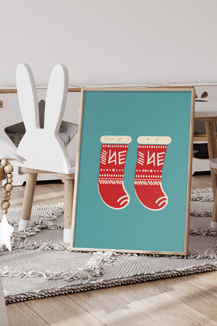 Red Christmas Stockings Illustration Wall Art Poster in a Modern Room