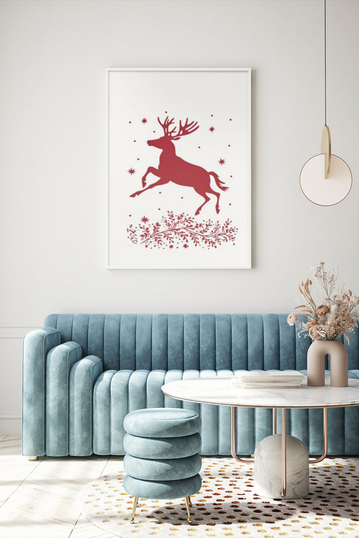 Red deer silhouette with snowflake accents Christmas art poster in a modern living room