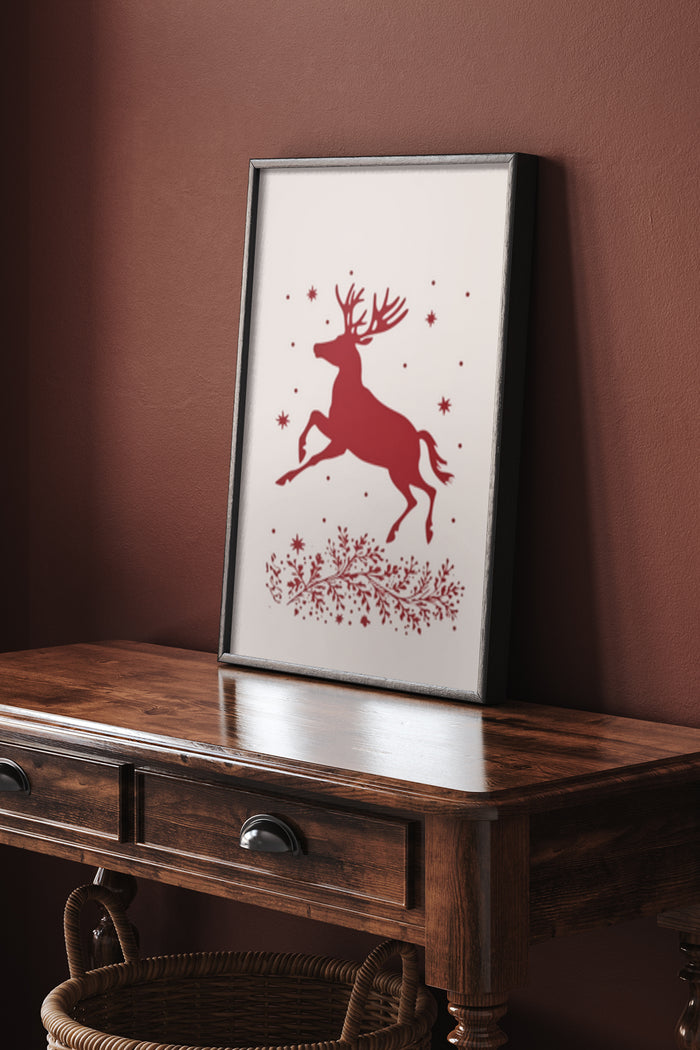 Red Deer Silhouette with Snowflakes Winter Artwork Poster on Display