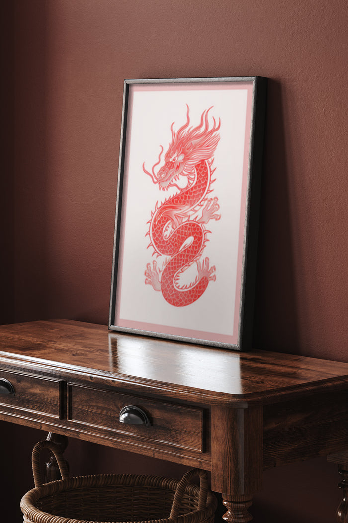 A vibrant red dragon poster framed and displayed on a wooden console table for interior decoration