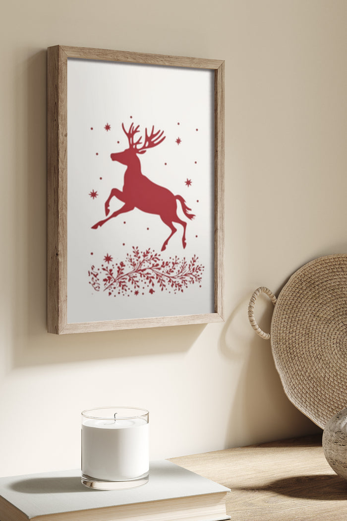 Festive Red Silhouette Reindeer with Snowflakes and Branches Christmas Wall Art Poster