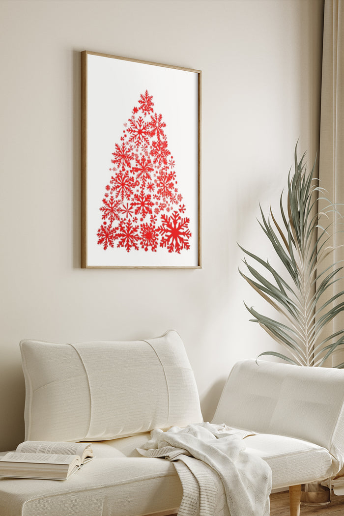 Red Snowflake Christmas Tree Art Poster Hung Above Sofa in Modern Living Room Interior