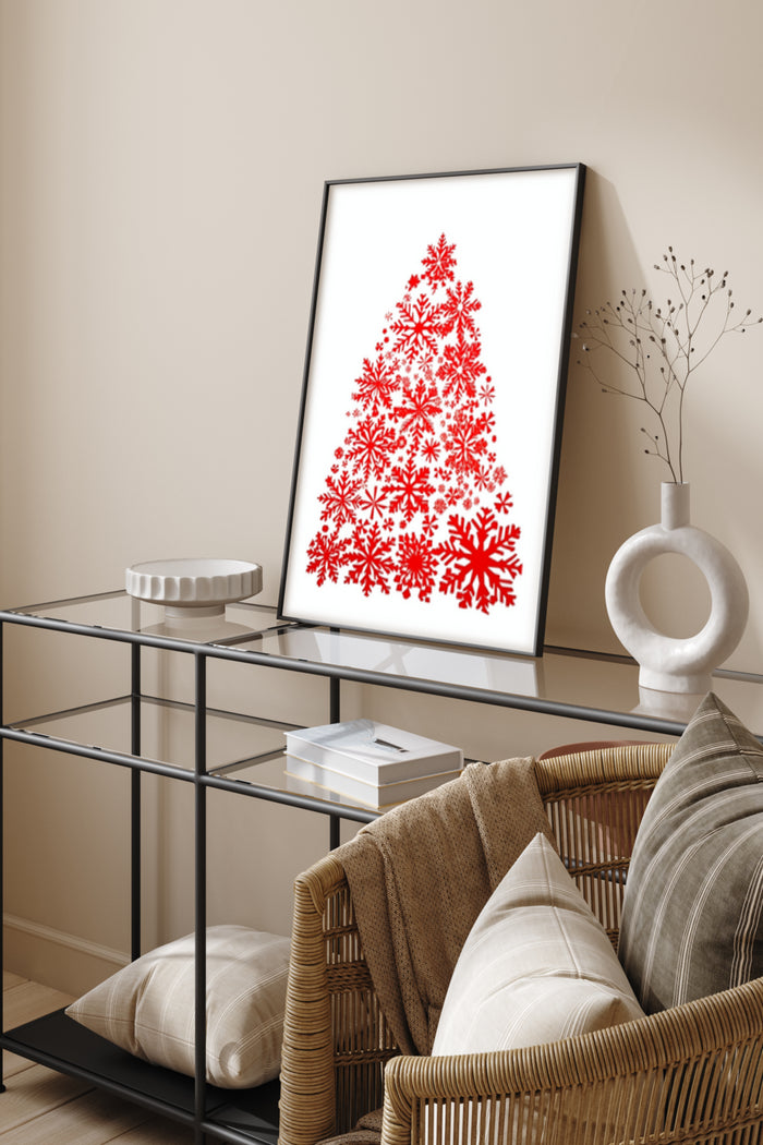 Red Snowflake Christmas Tree Poster in Modern Home Interior