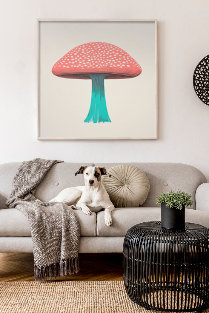 Red spotted mushroom artwork poster hanging above a modern sofa with a dog and decorative interior elements