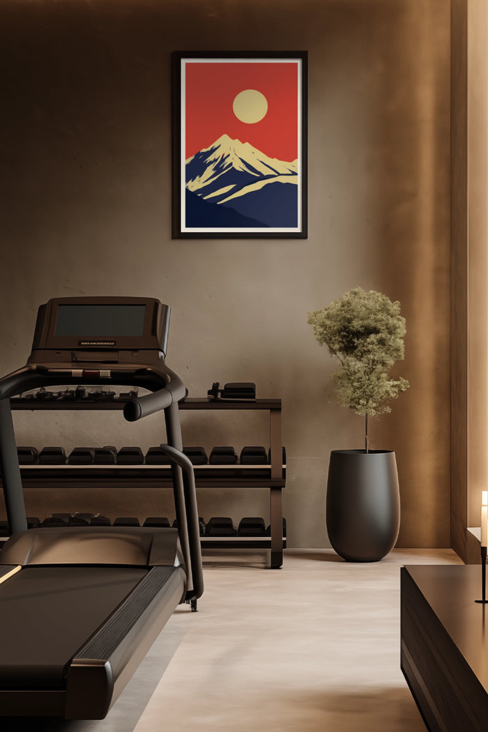 Minimalist red sunrise over mountain poster in modern home gym interior design