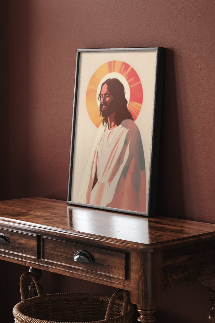 Framed portrait of a religious figure with halo in a modern illustration style displayed on a wooden console table