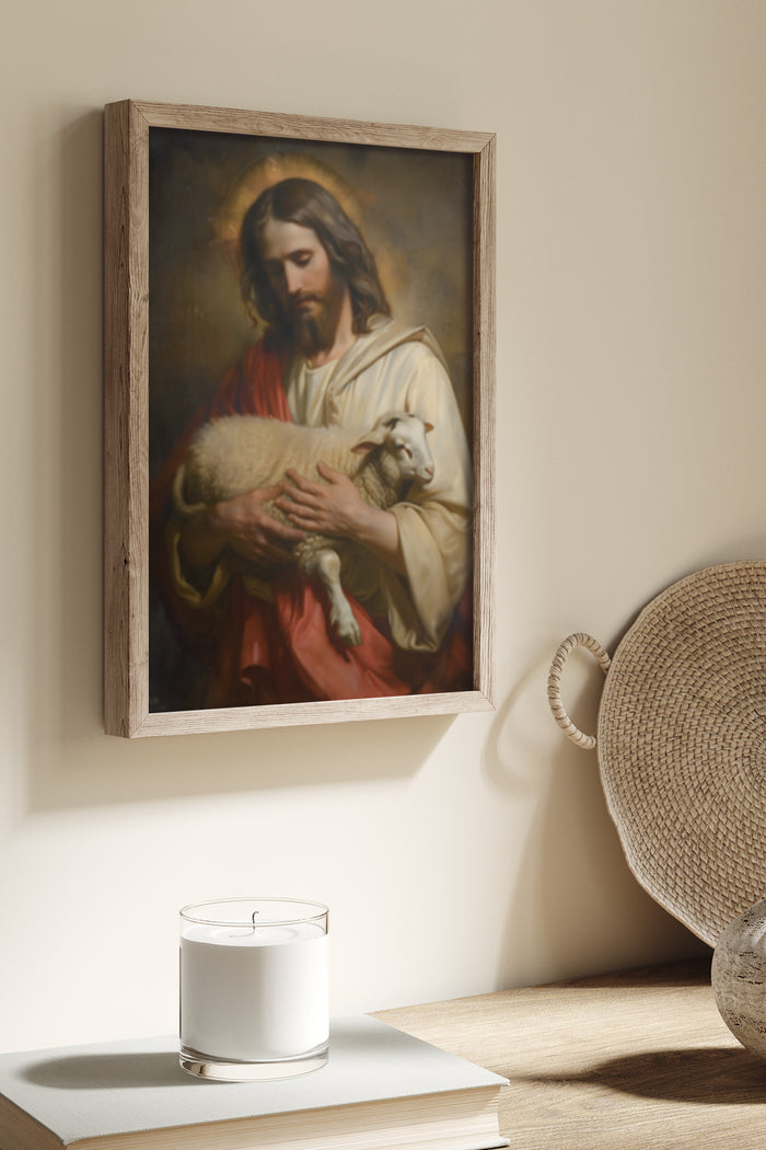 Framed religious painting of a man holding a lamb, placed on a shelf with a scented candle and wicker ball decoration